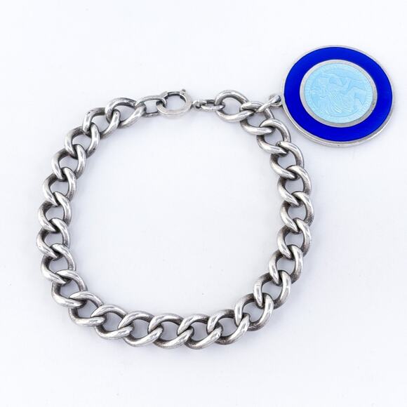 Vintage Sterling Silver 925 Blue St. Christopher Medal Charm Bracelet 7.5" - Picture 2 of 7